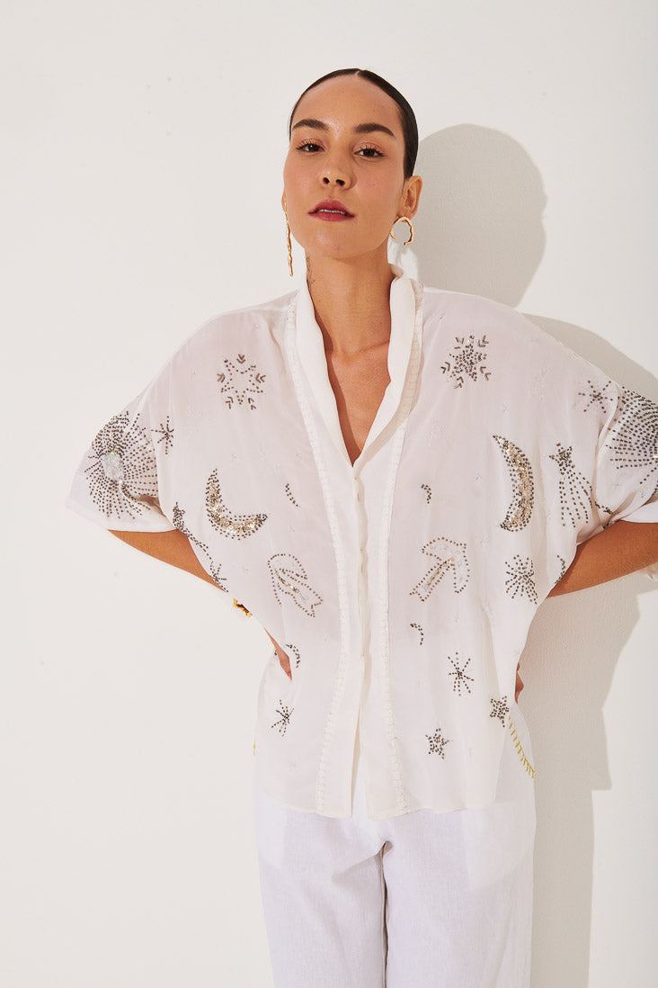 Kimono Curto Bordado Infinito Seda Lisa Branco